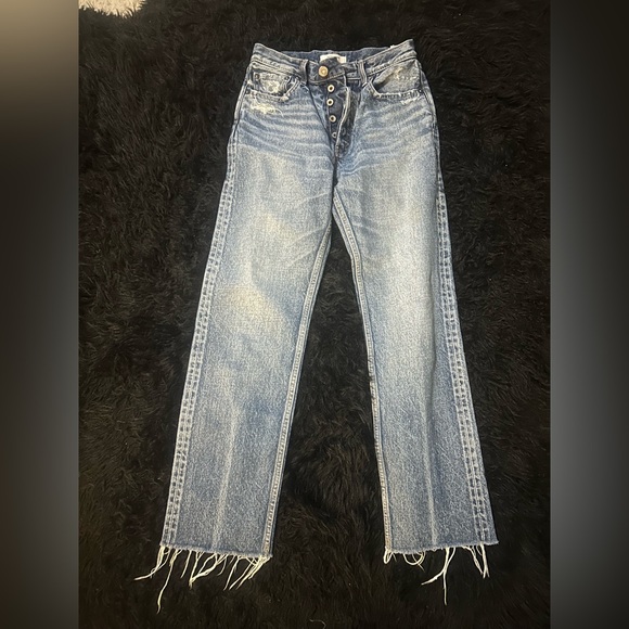 Moussy Vintage Straight Leg Jeans in Mid Blue Distressed Denim - Picture 5 of 16